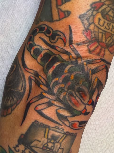 Bold traditional scorpion tattoo in black, red, green and yellow
